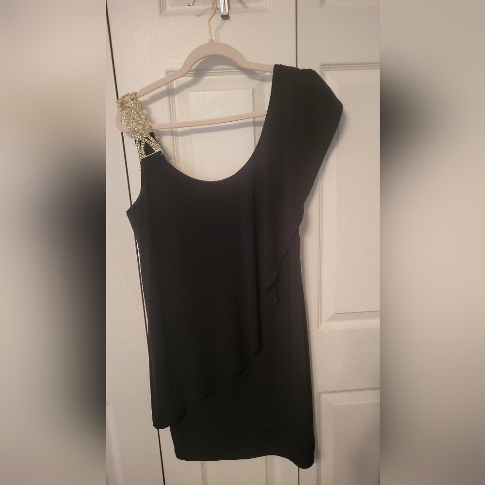 Betsy & Adam Black One-Shoulder Dress with Gold Rinestone Strap Size 12
